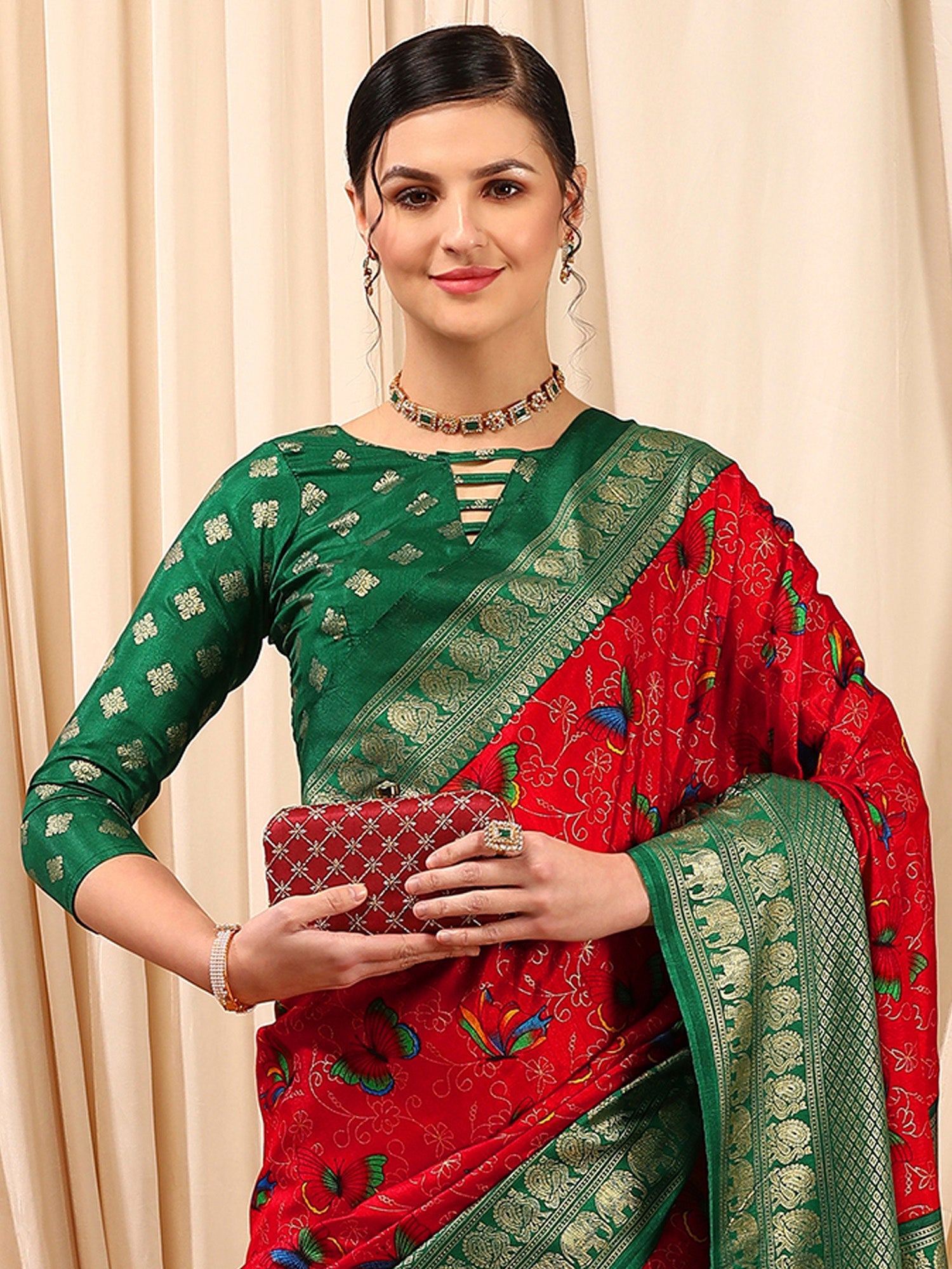 NOZ2TOZ Women's Cotton Blend Red Printed Designer Saree With Blouse Piece - Distacart