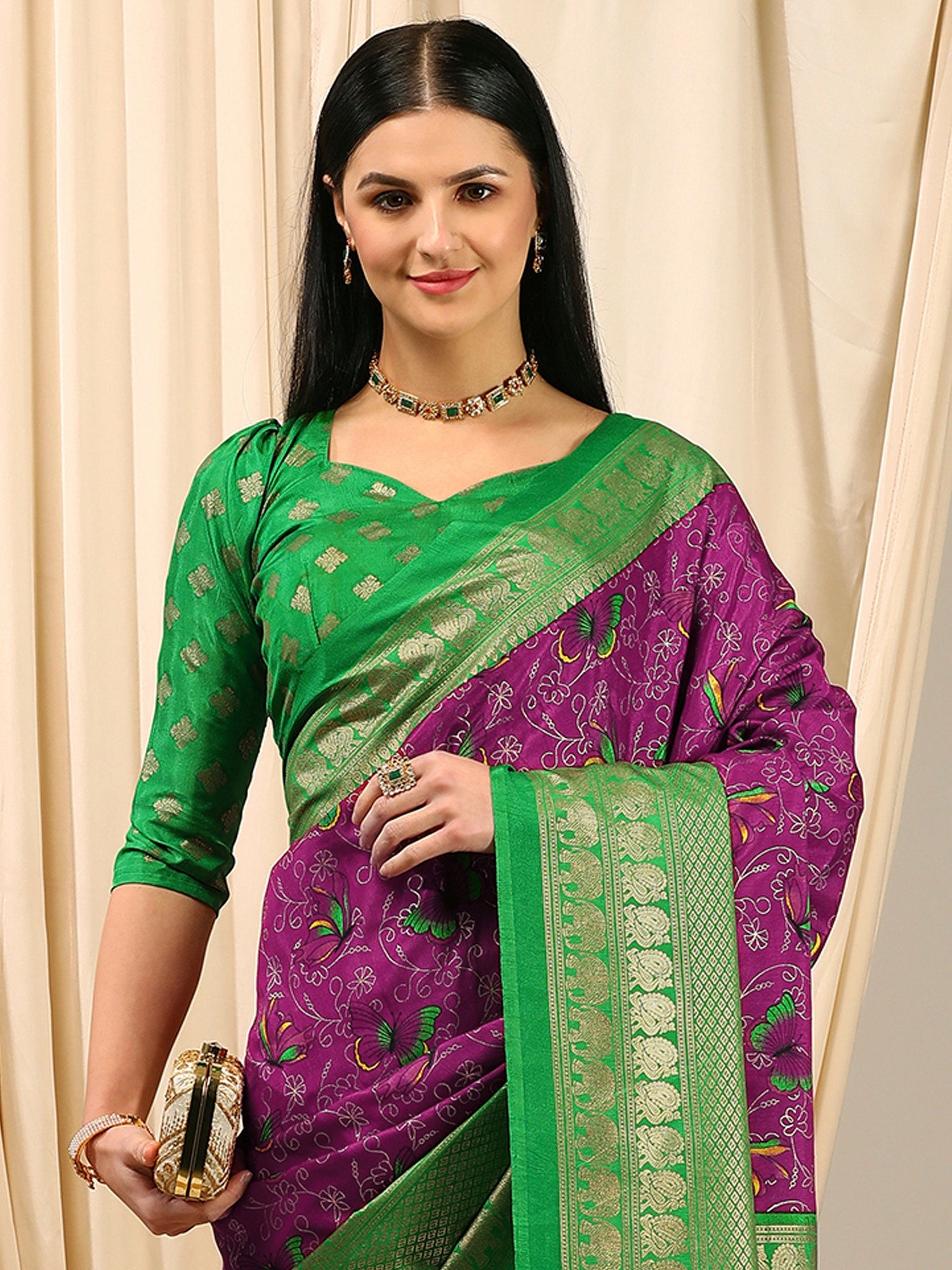 NOZ2TOZ Women's Cotton Blend Purple Printed Designer Saree With Blouse Piece - Distacart