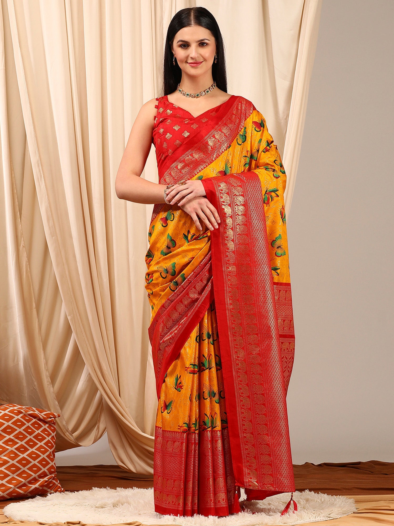 NOZ2TOZ Women's Cotton Blend Yellow Printed Designer Saree With Blouse Piece - Distacart