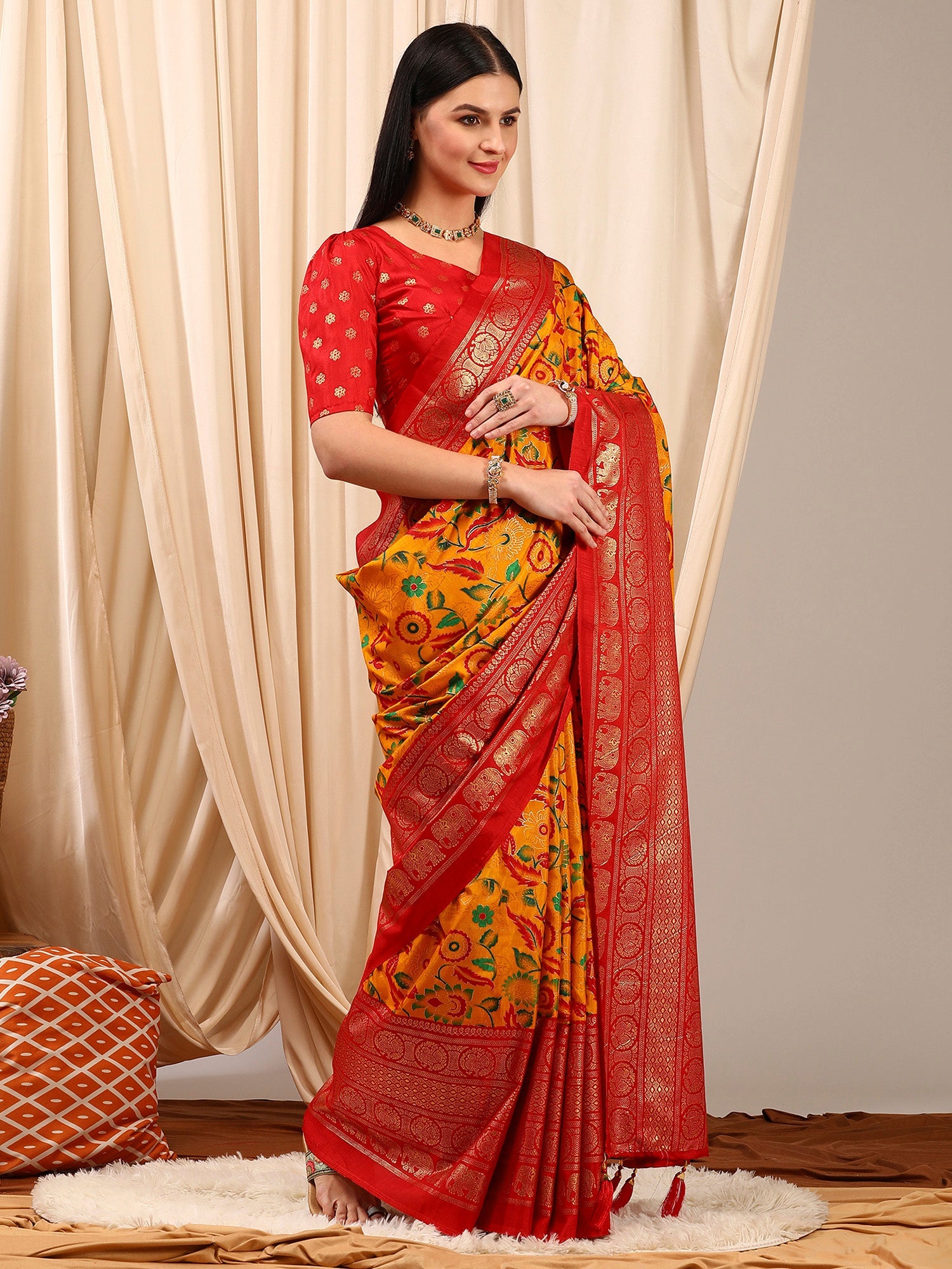 NOZ2TOZ Women's Cotton Blend Yellow Printed Designer Saree With Blouse Piece - Distacart