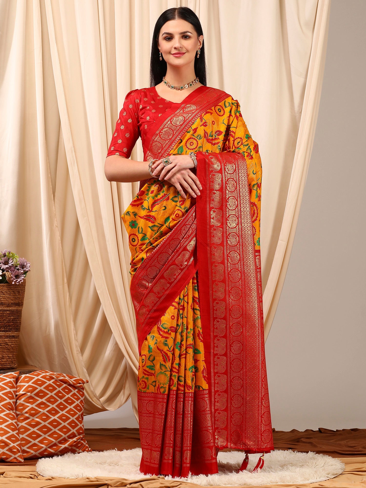 NOZ2TOZ Women's Cotton Blend Yellow Printed Designer Saree With Blouse Piece - Distacart