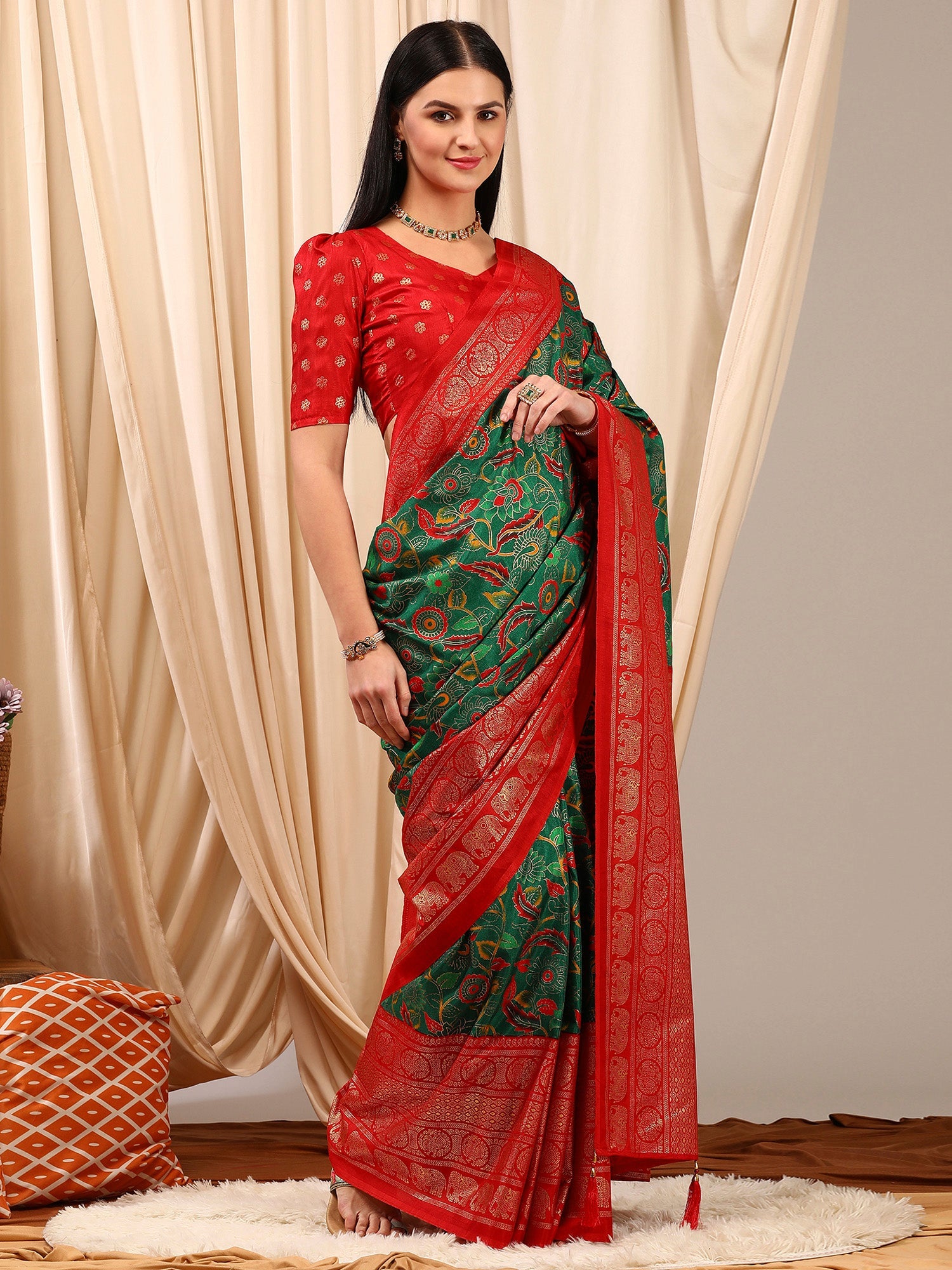 NOZ2TOZ Women's Cotton Blend Green Printed Designer Saree With Blouse Piece - Distacart
