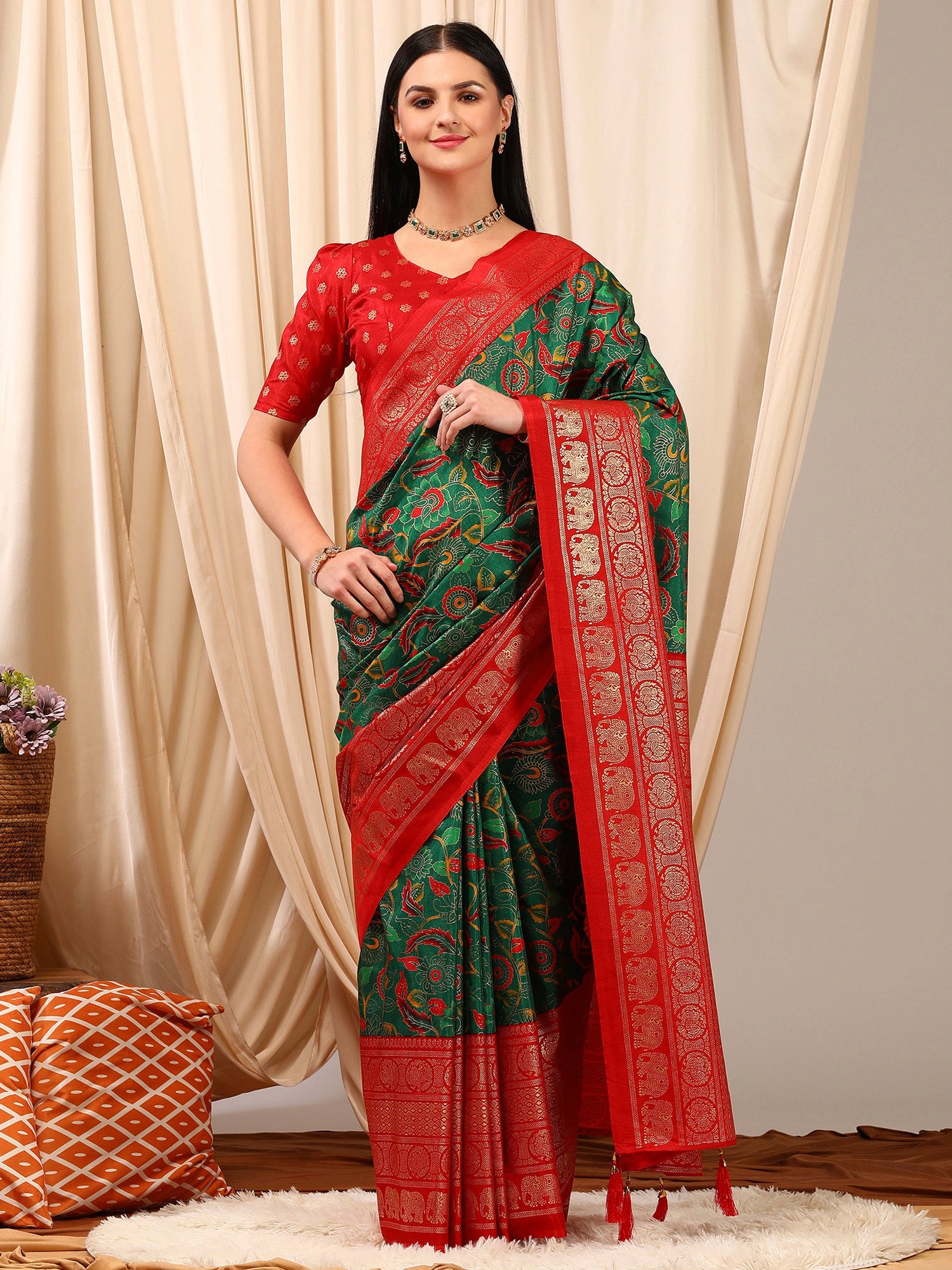 NOZ2TOZ Women's Cotton Blend Green Printed Designer Saree With Blouse Piece - Distacart