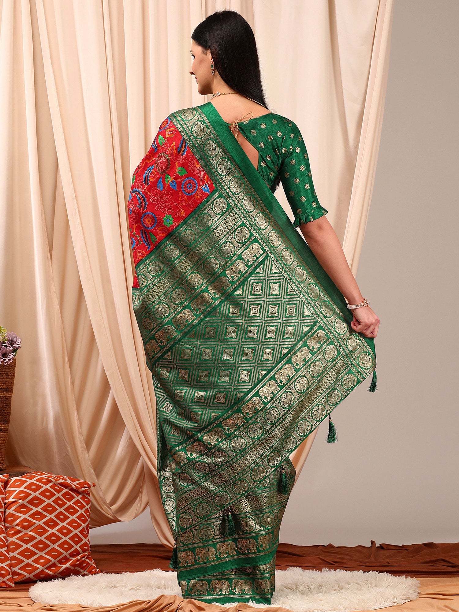 NOZ2TOZ Women's Cotton Blend Red Printed Designer Saree With Blouse Piece - Distacart