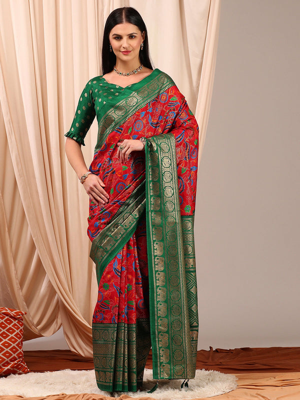 NOZ2TOZ Women's Cotton Blend Red Printed Designer Saree With Blouse Piece - Distacart