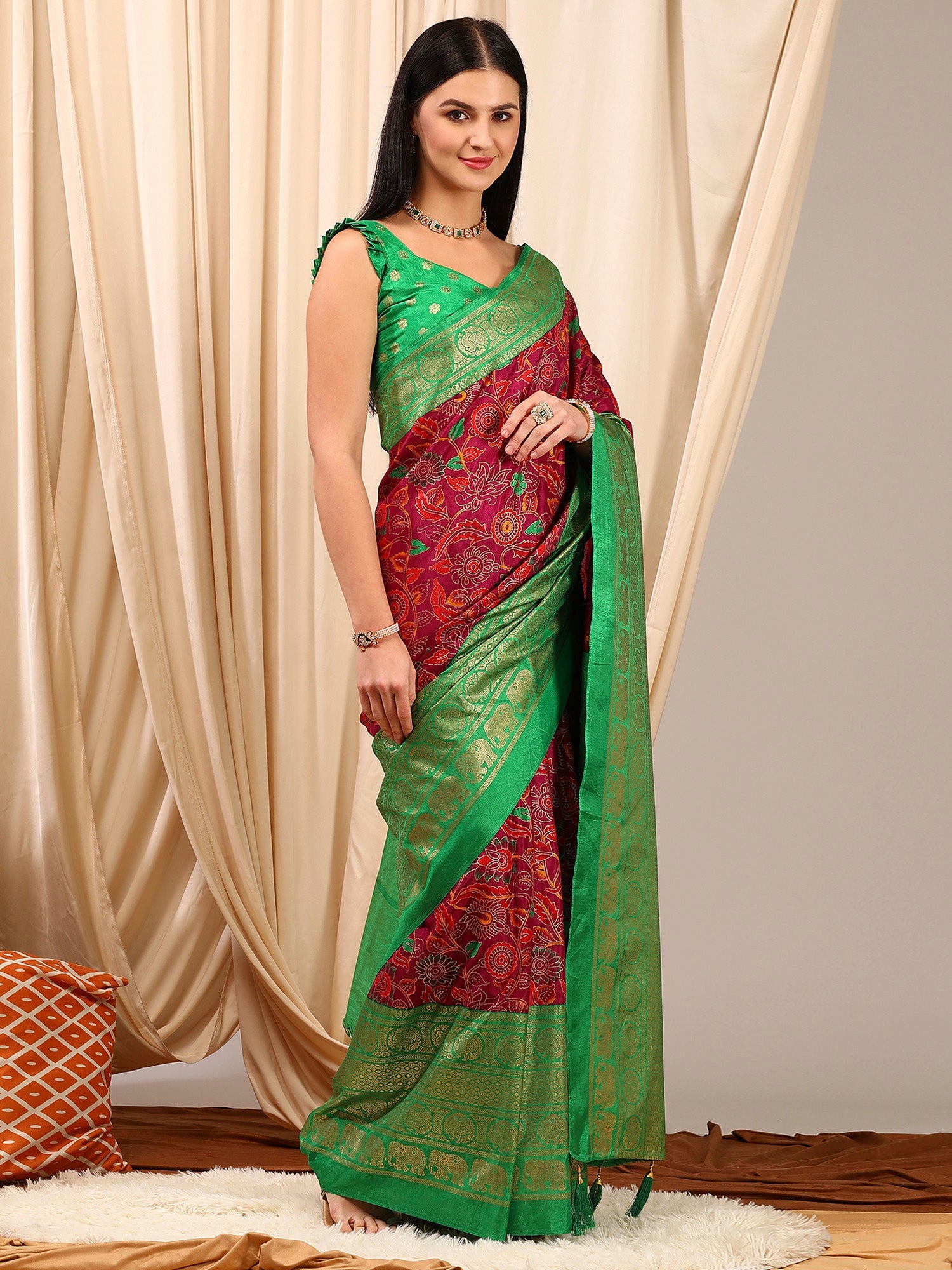 NOZ2TOZ Women's Cotton Blend Magenta Printed Designer Saree With Blouse Piece - Distacart