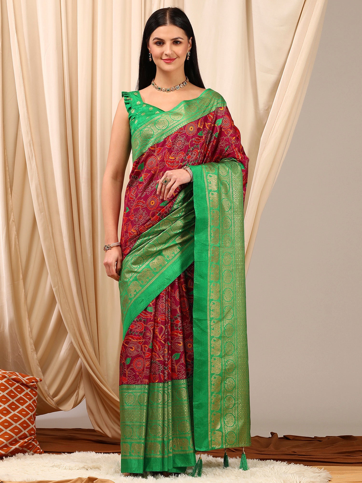 NOZ2TOZ Women's Cotton Blend Magenta Printed Designer Saree With Blouse Piece - Distacart