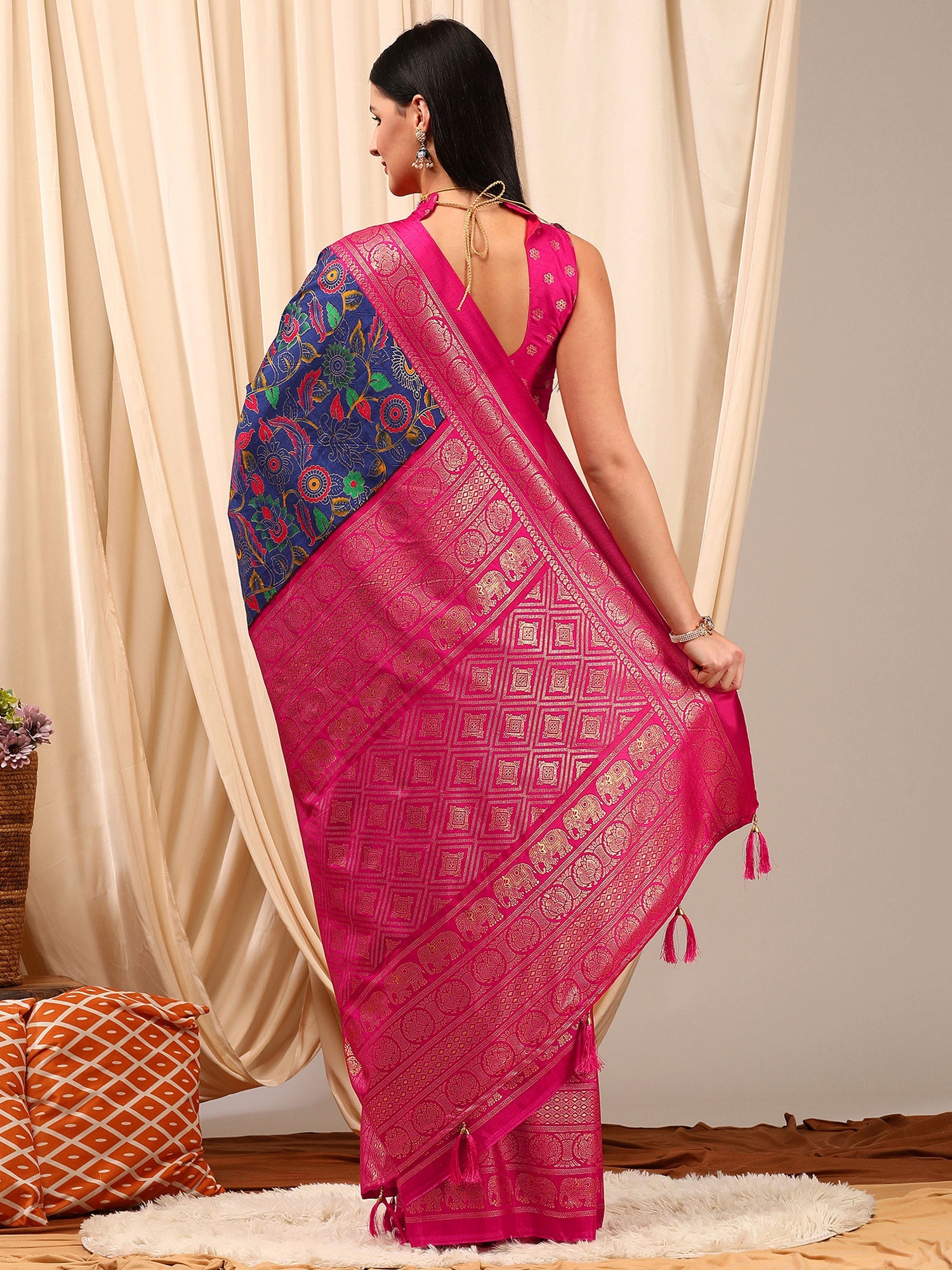 NOZ2TOZ Women's Cotton Blend Navy Blue Printed Designer Saree With Blouse Piece - Distacart