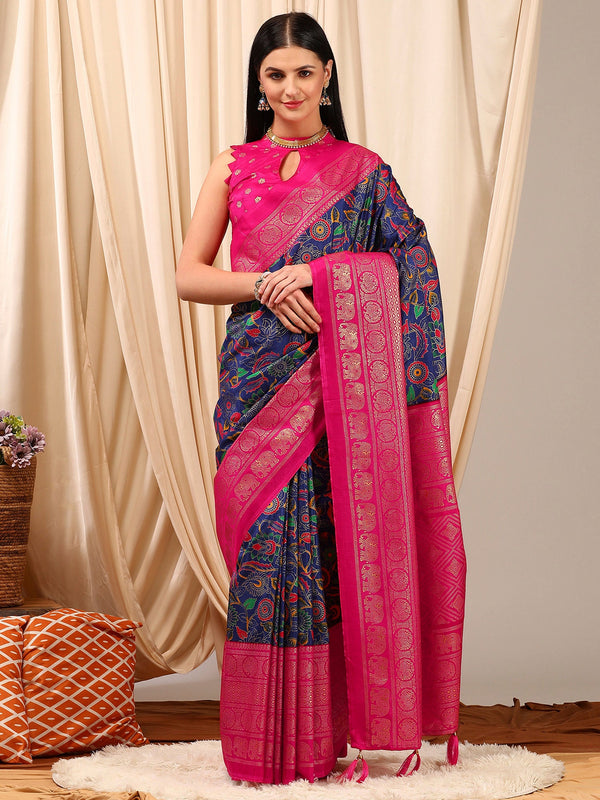 NOZ2TOZ Women's Cotton Blend Navy Blue Printed Designer Saree With Blouse Piece - Distacart