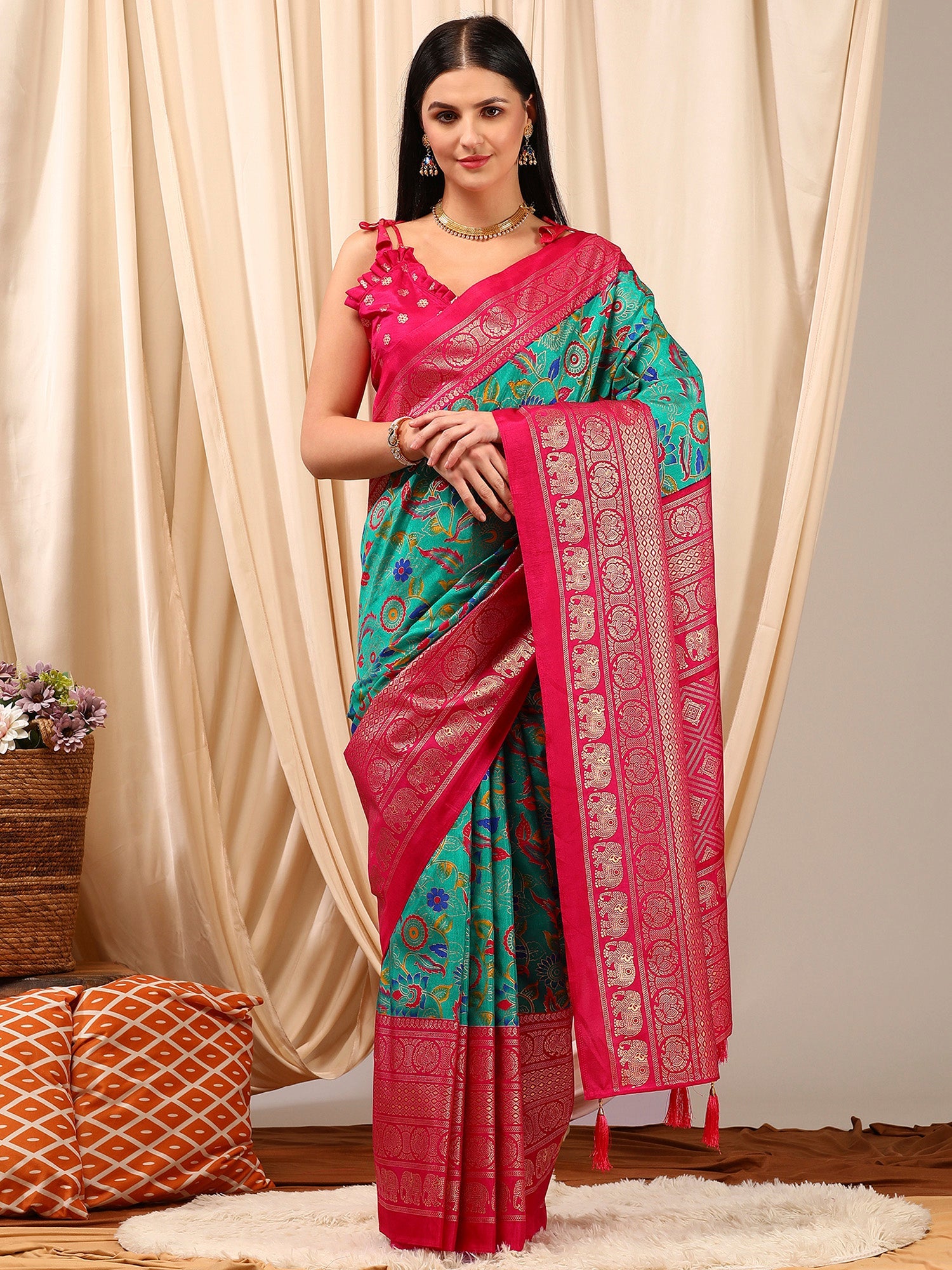 NOZ2TOZ Women's Cotton Blend Blue Printed Designer Saree With Blouse Piece - Distacart