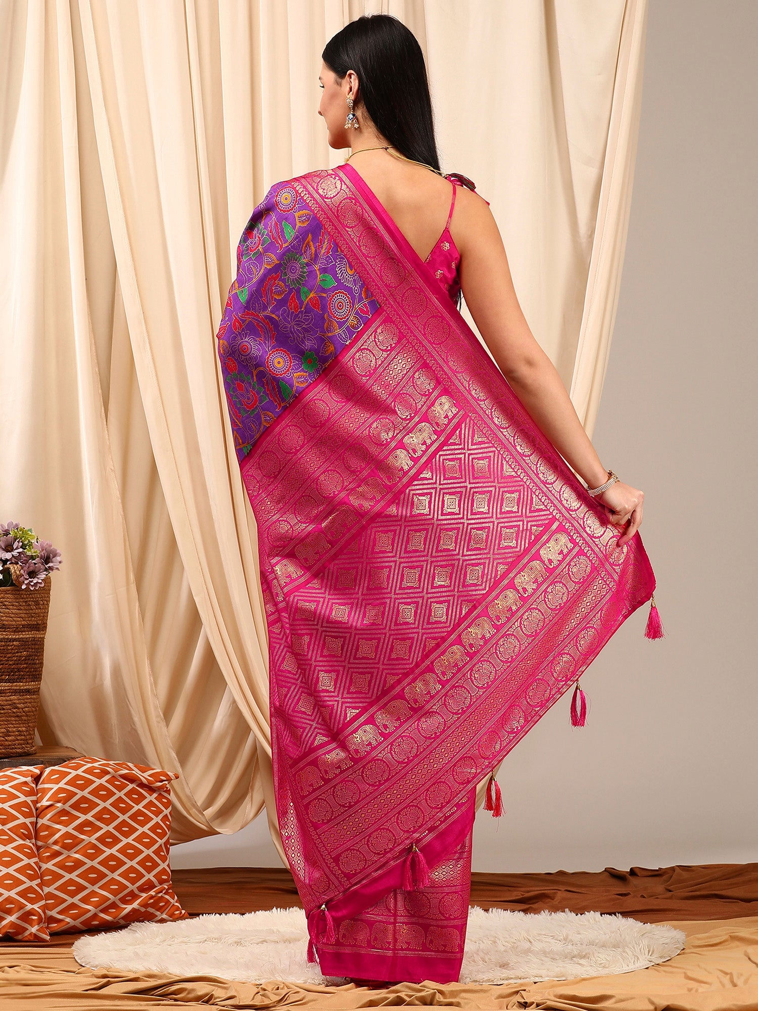 NOZ2TOZ Women's Cotton Blend Purple Printed Designer Saree With Blouse Piece - Distacart