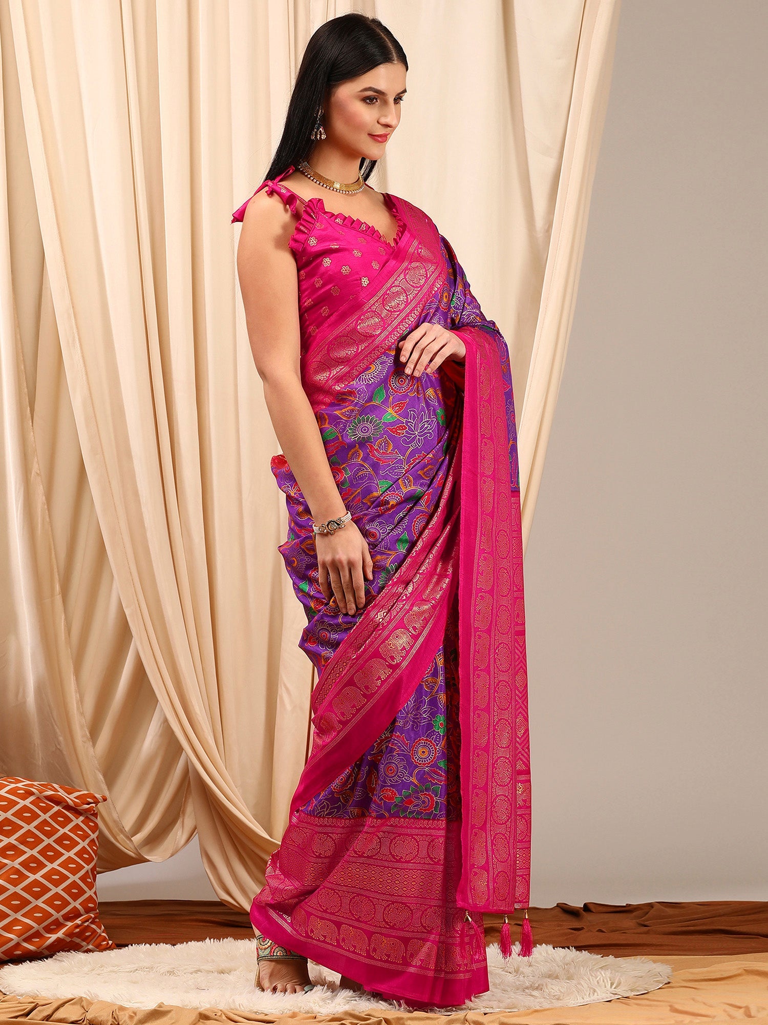 NOZ2TOZ Women's Cotton Blend Purple Printed Designer Saree With Blouse Piece - Distacart