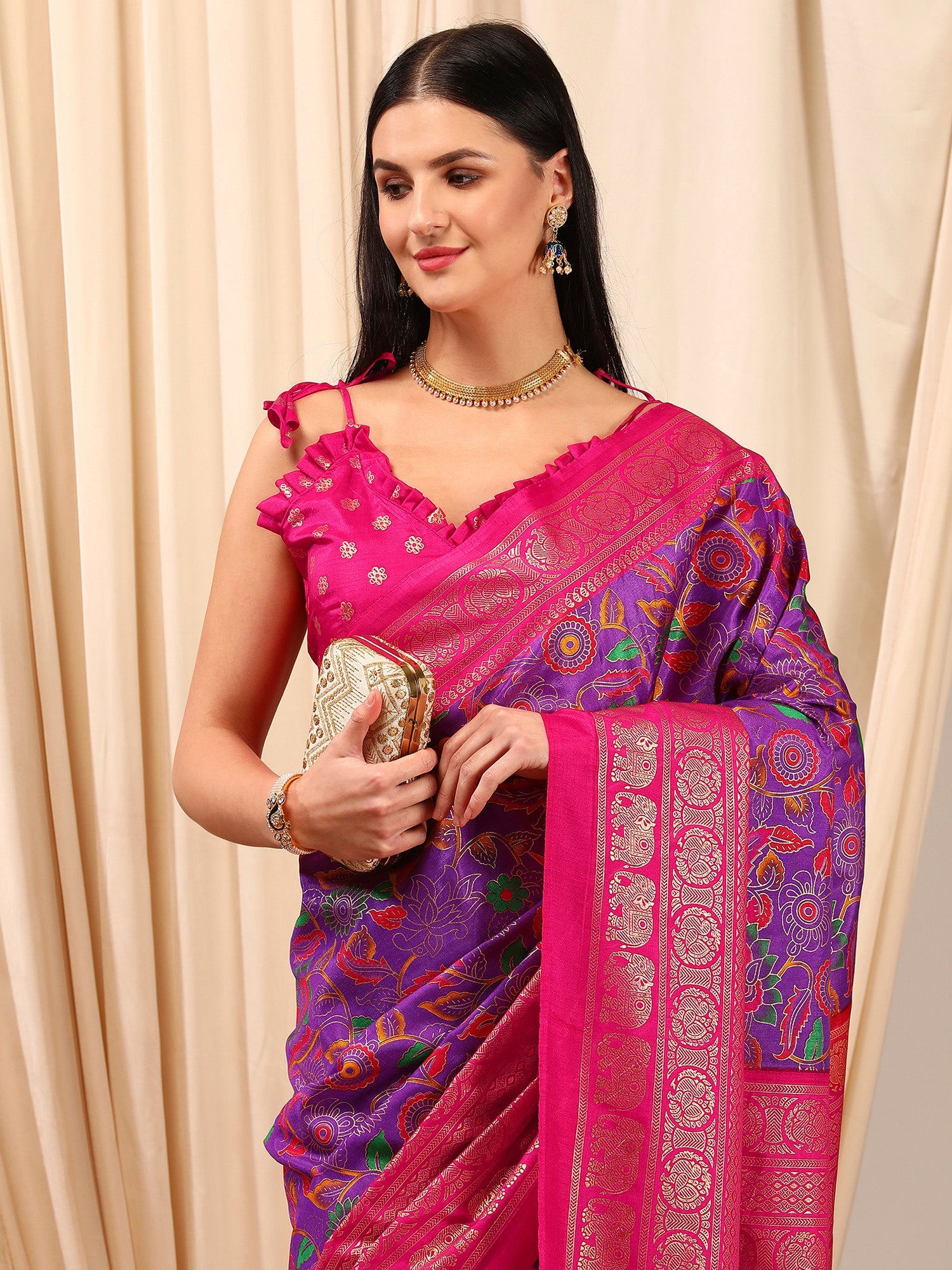 NOZ2TOZ Women's Cotton Blend Purple Printed Designer Saree With Blouse Piece - Distacart