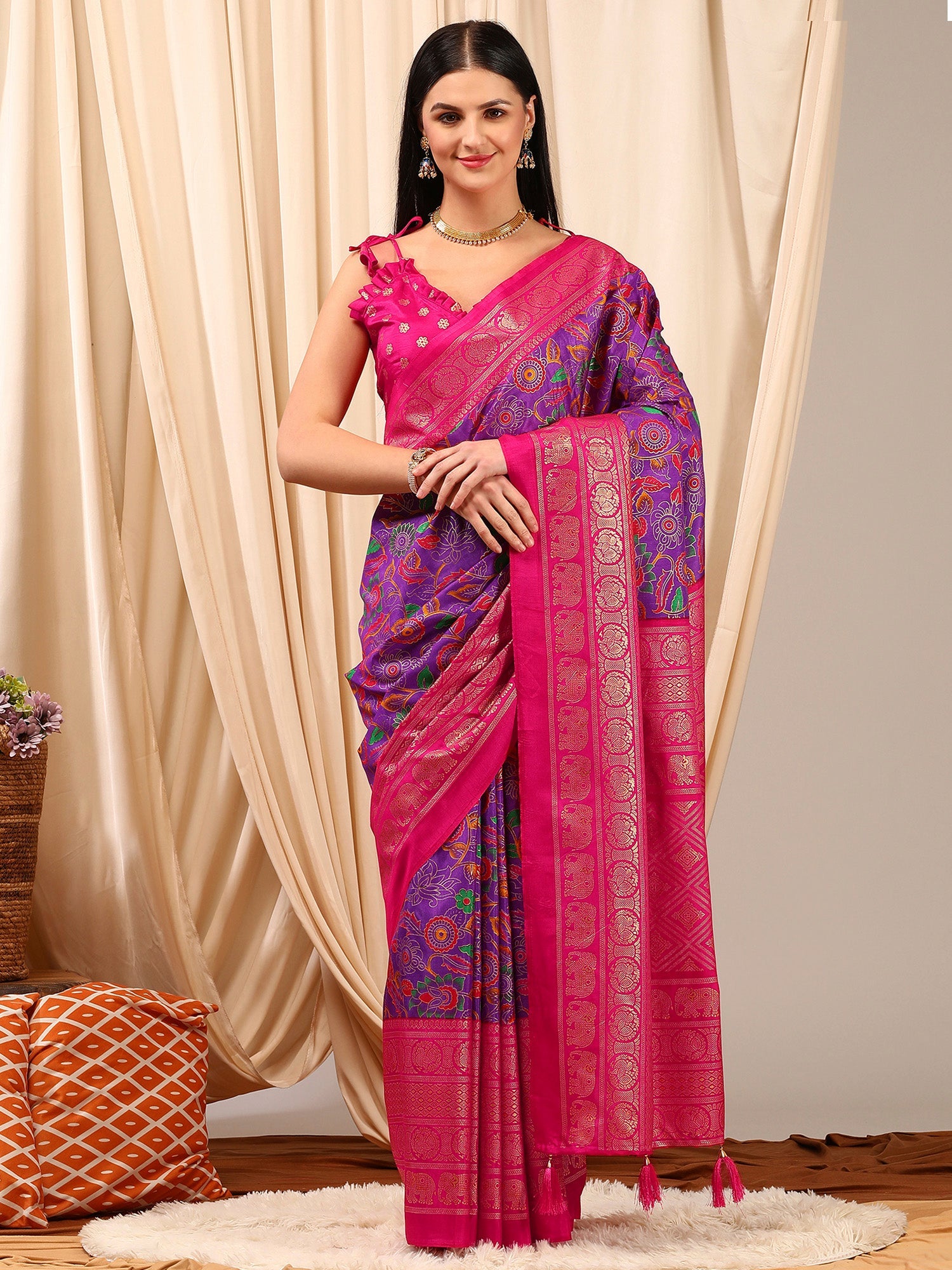 NOZ2TOZ Women's Cotton Blend Purple Printed Designer Saree With Blouse Piece - Distacart