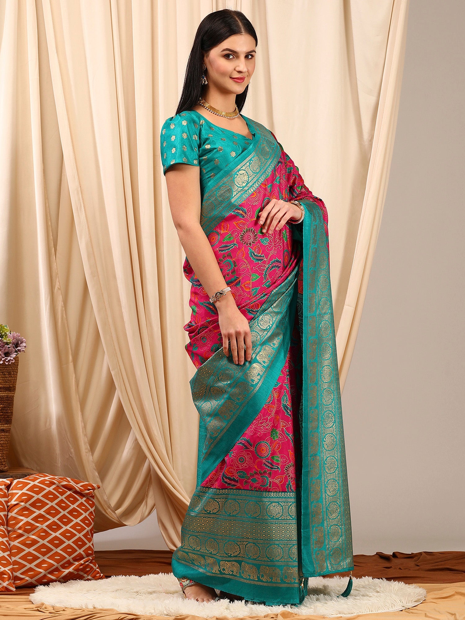 NOZ2TOZ Women's Cotton Blend Pink Printed Designer Saree With Blouse Piece - Distacart