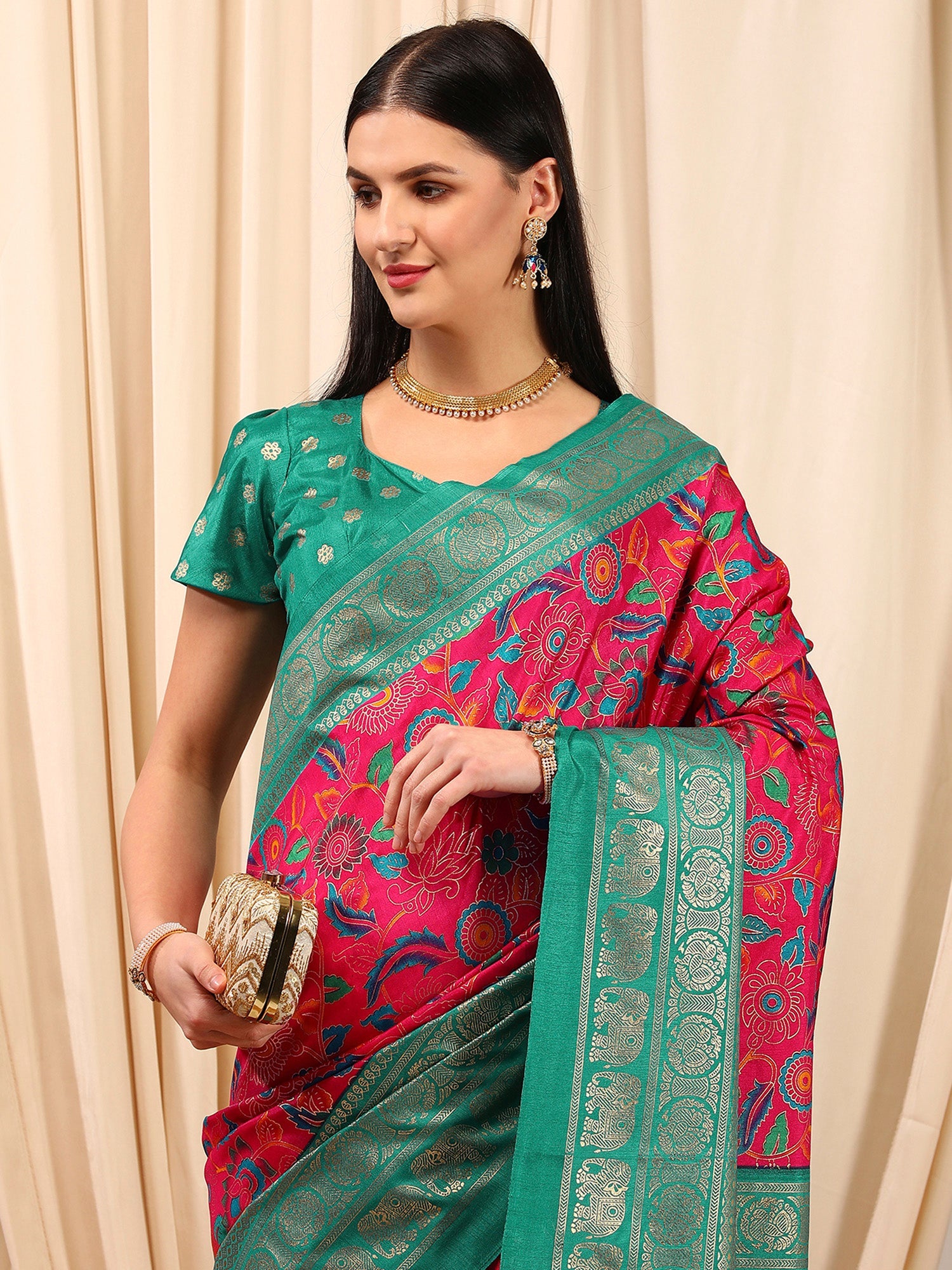 NOZ2TOZ Women's Cotton Blend Pink Printed Designer Saree With Blouse Piece - Distacart