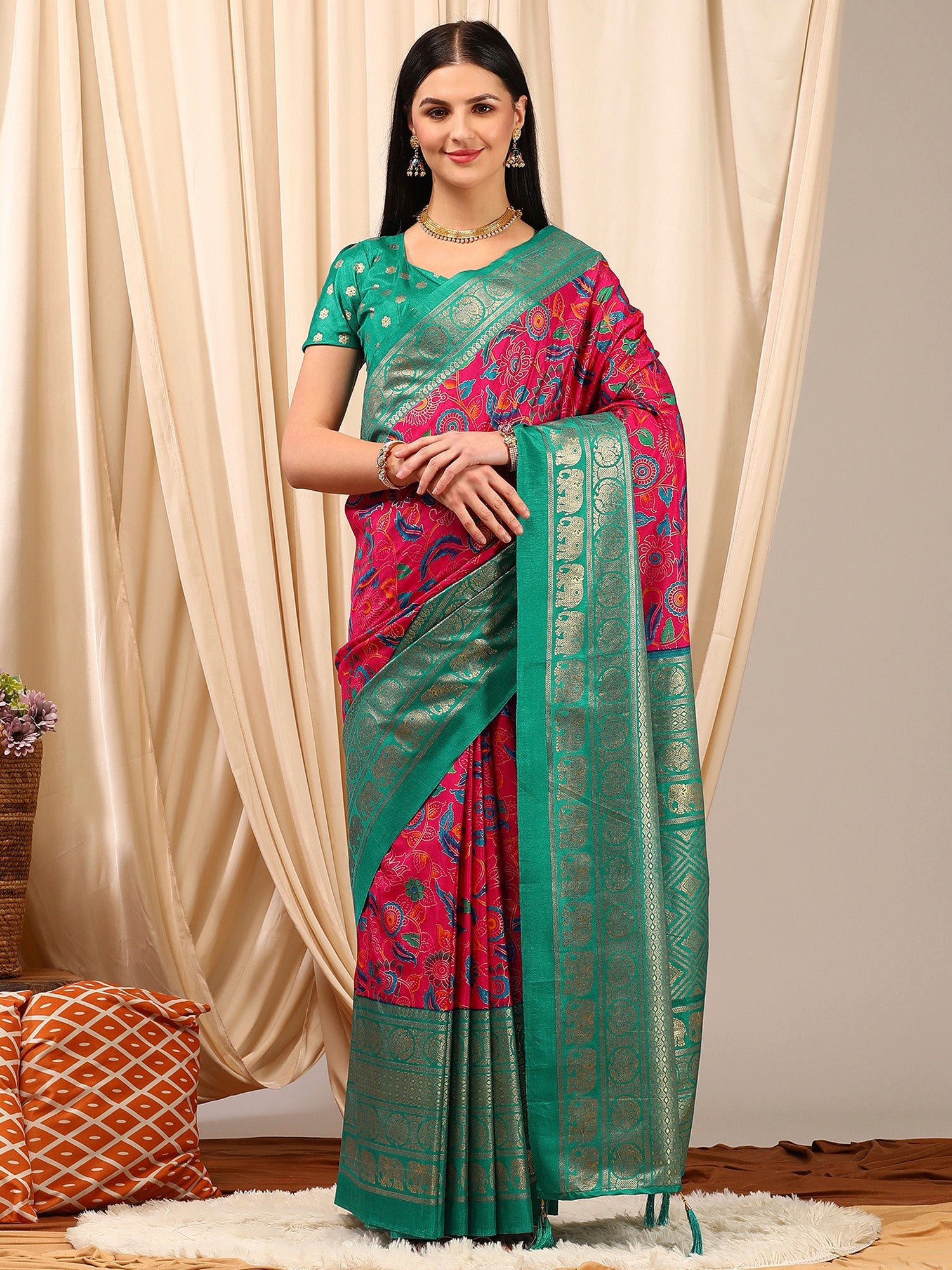 NOZ2TOZ Women's Cotton Blend Pink Printed Designer Saree With Blouse Piece - Distacart