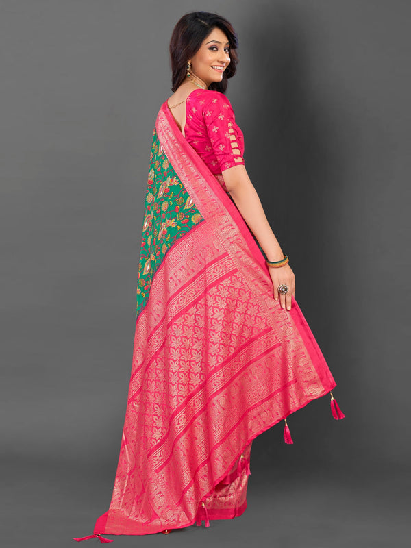 NOZ2TOZ Women's Cotton Blend Teal green Printed Designer Saree With Blouse Piece - Distacart