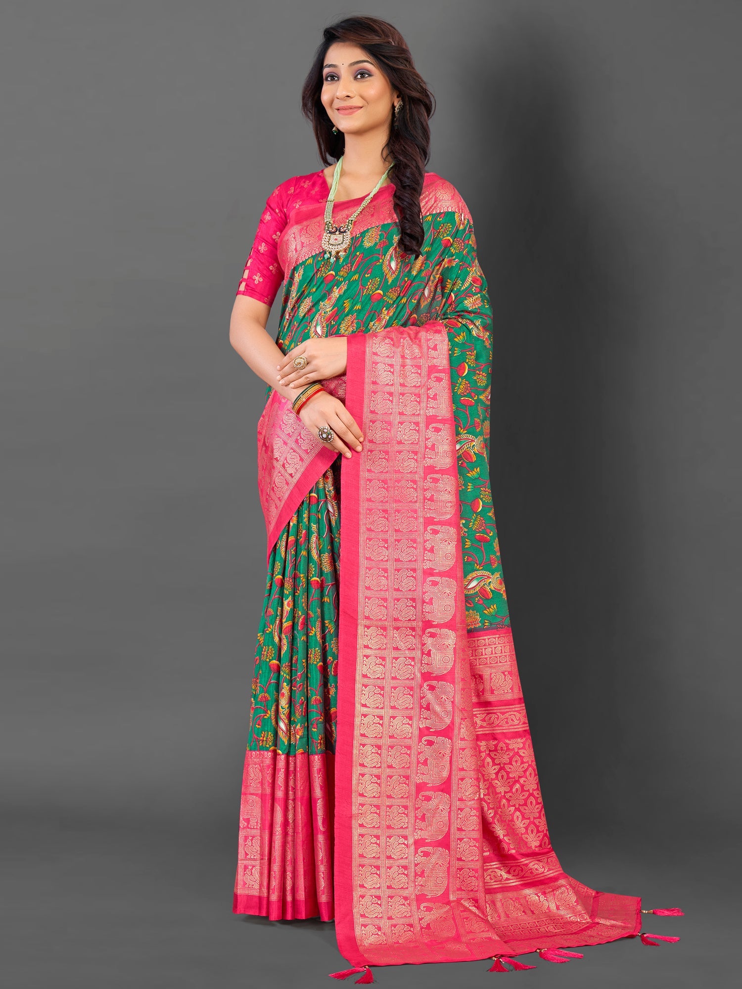 NOZ2TOZ Women's Cotton Blend Teal green Printed Designer Saree With Blouse Piece - Distacart