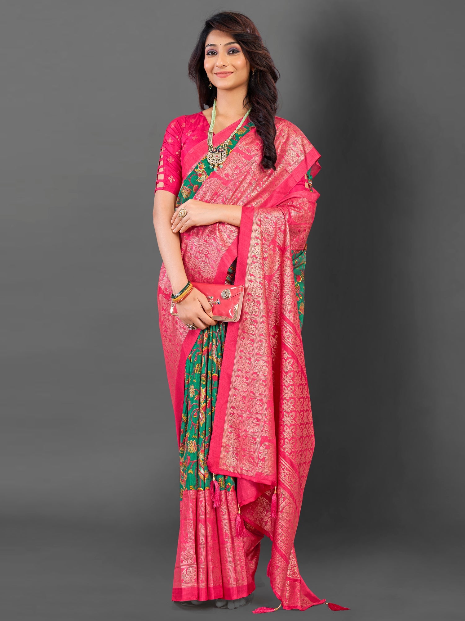 NOZ2TOZ Women's Cotton Blend Teal green Printed Designer Saree With Blouse Piece - Distacart