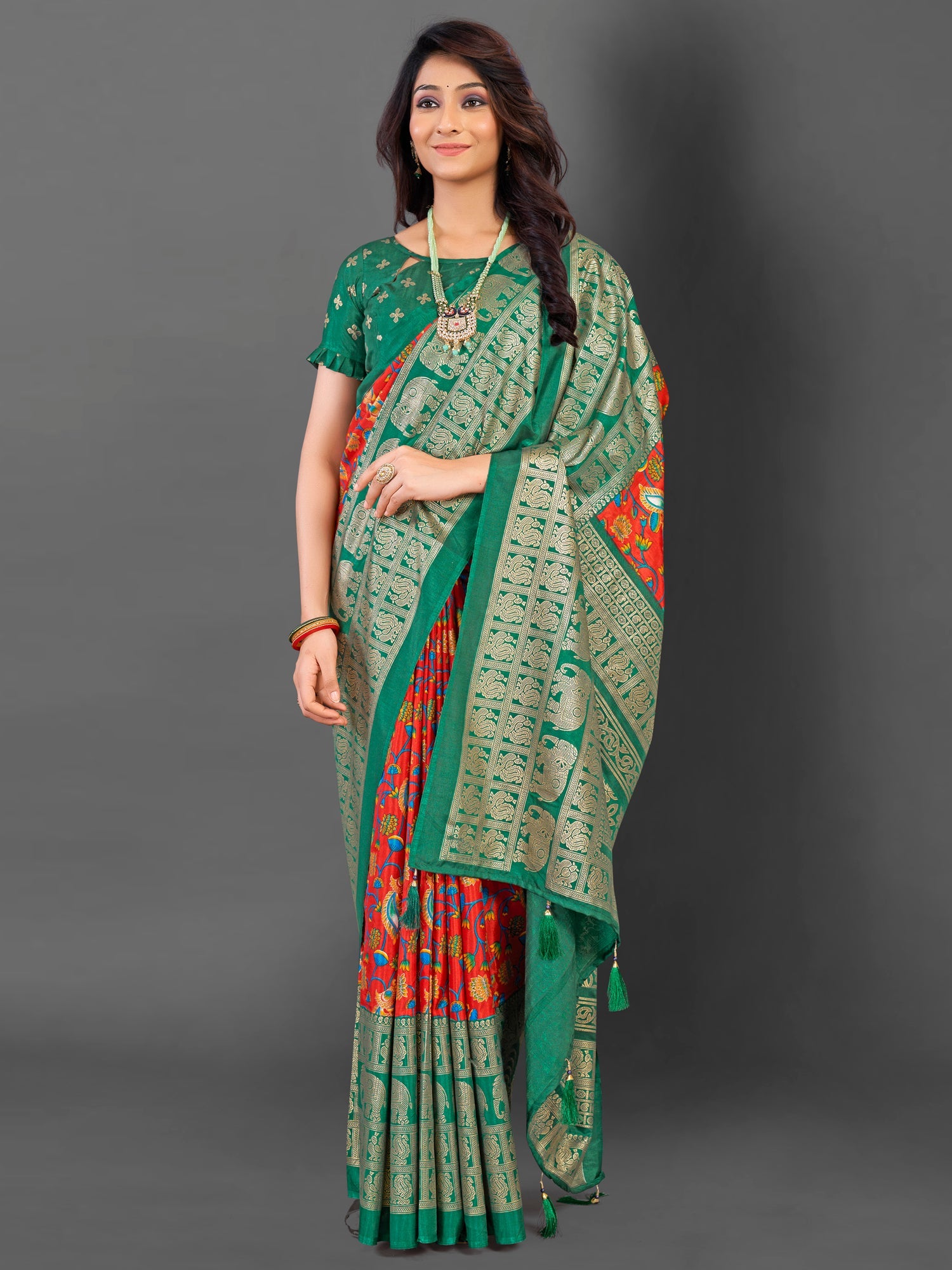 NOZ2TOZ Women's Cotton Blend Red Printed Designer Saree With Blouse Piece - Distacart