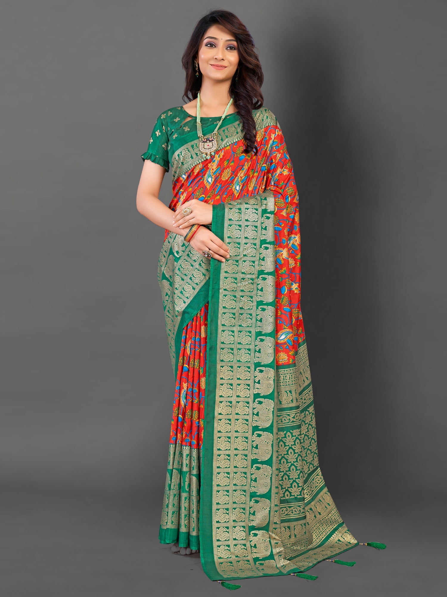 NOZ2TOZ Women's Cotton Blend Red Printed Designer Saree With Blouse Piece - Distacart