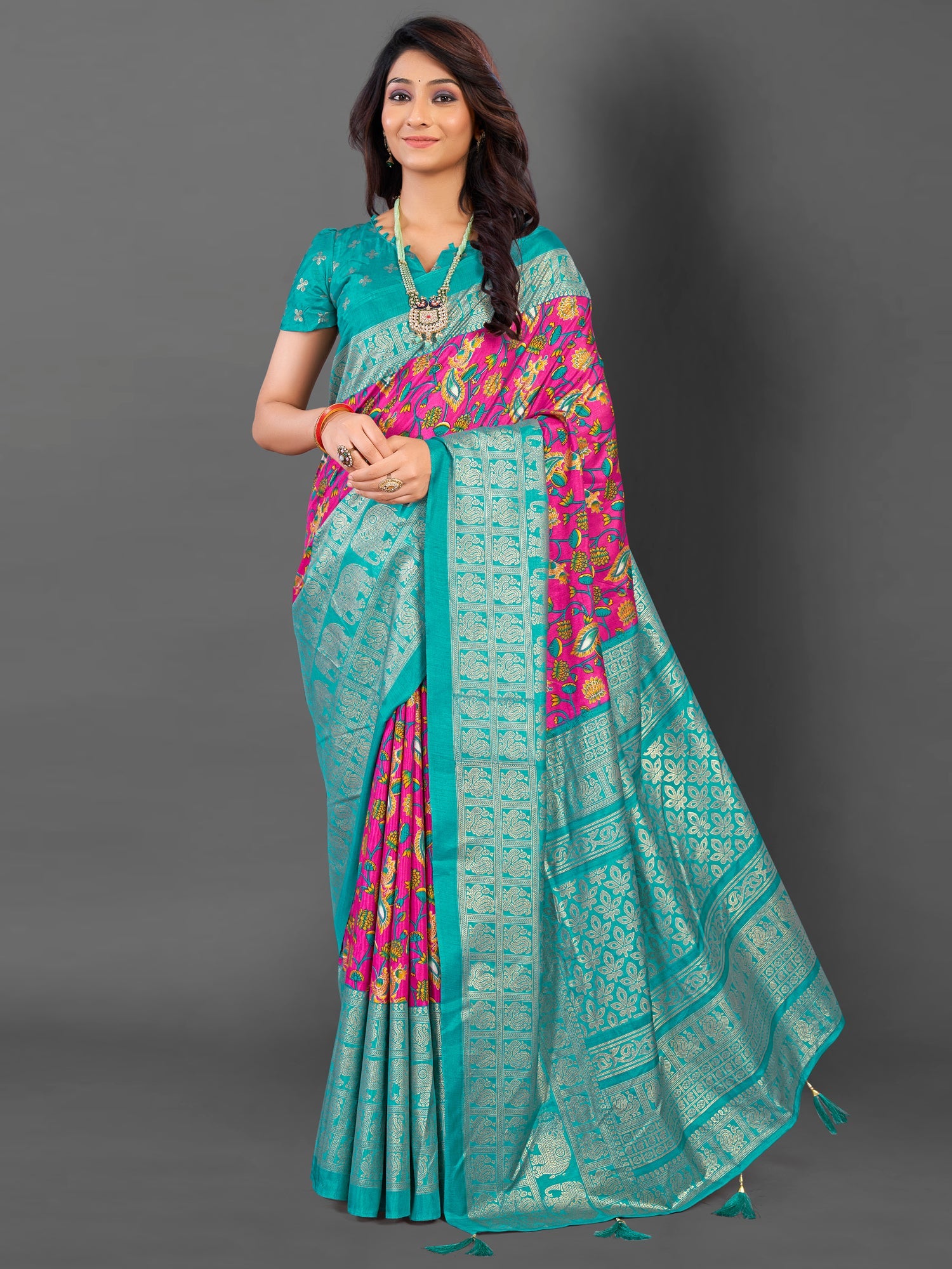 NOZ2TOZ Women's Cotton Blend Pink Printed Designer Saree With Blouse Piece - Distacart