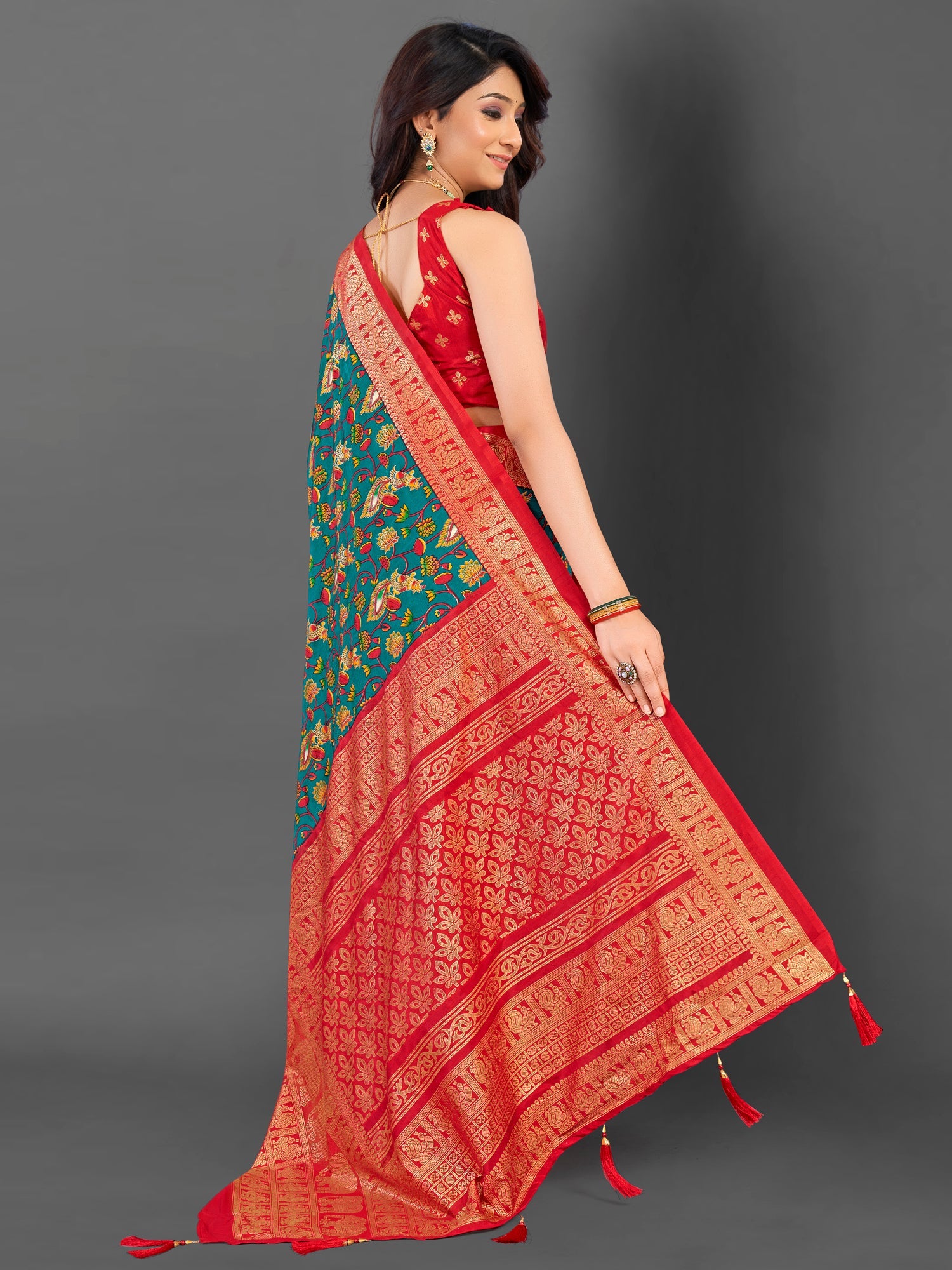 NOZ2TOZ Women's Cotton Blend Teal blue Printed Designer Saree With Blouse Piece - Distacart