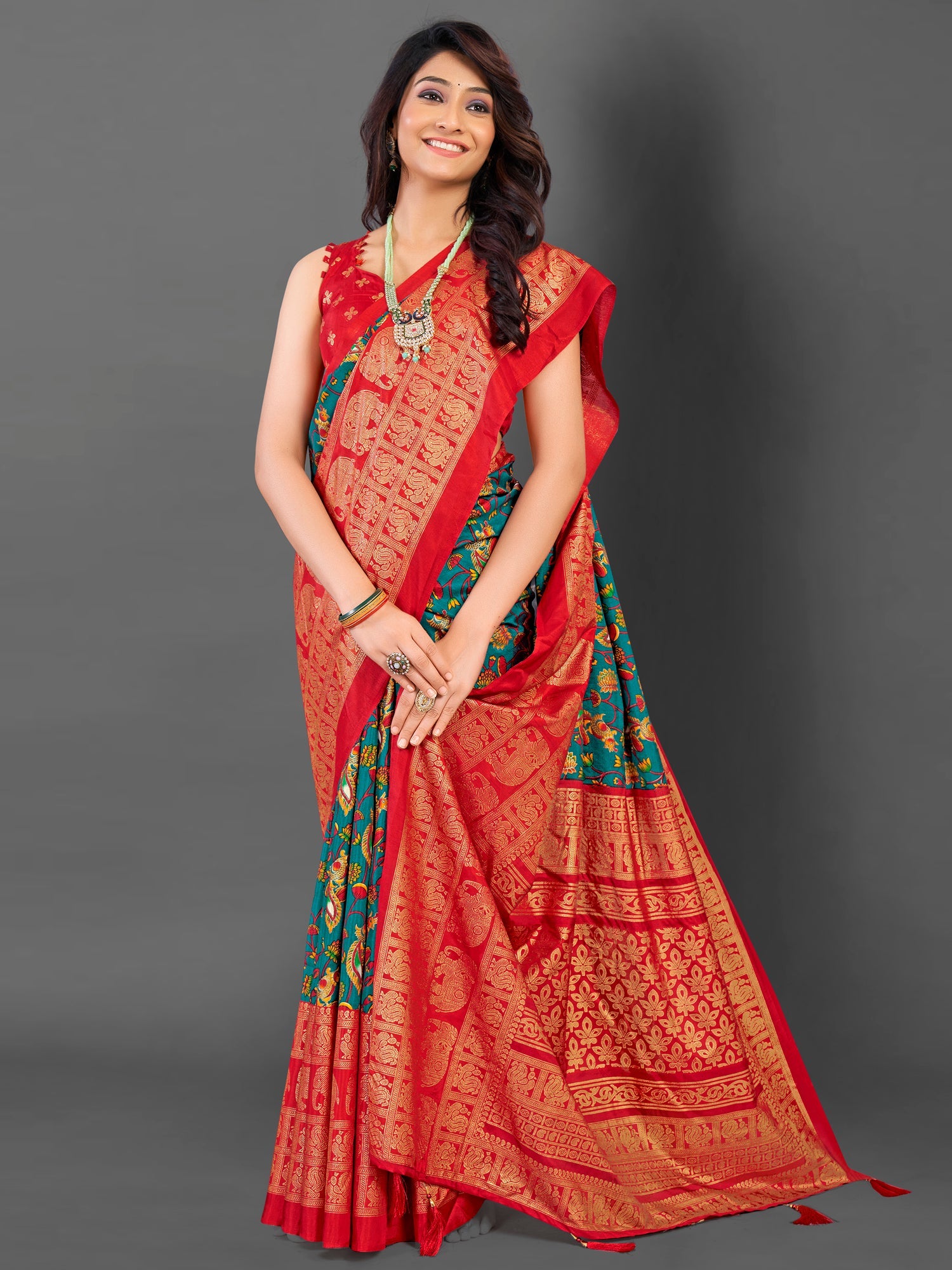 NOZ2TOZ Women's Cotton Blend Teal blue Printed Designer Saree With Blouse Piece - Distacart