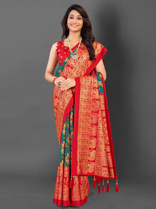 NOZ2TOZ Women's Cotton Blend Teal blue Printed Designer Saree With Blouse Piece - Distacart