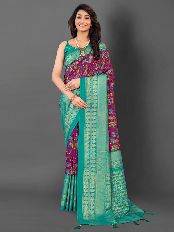NOZ2TOZ Women's Cotton Blend Magenta Printed Designer Saree With Blouse Piece - Distacart