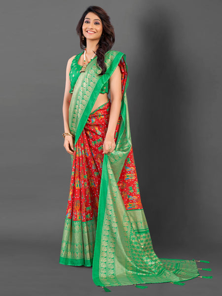 NOZ2TOZ Women's Cotton Blend Red Printed Designer Saree With Blouse Piece - Distacart