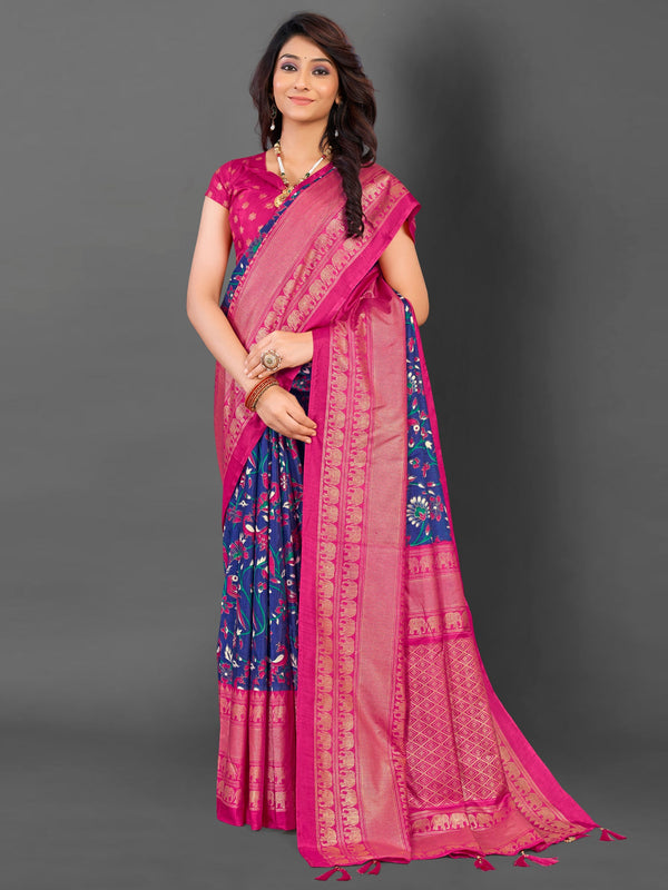 NOZ2TOZ Women's Cotton Blend Blue Printed Designer Saree With Blouse Piece - Distacart