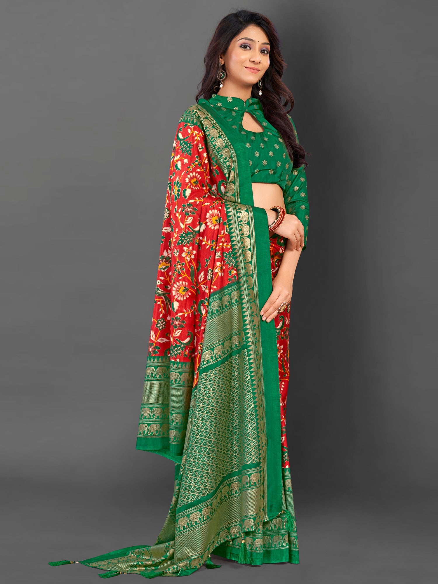 NOZ2TOZ Women's Cotton Blend Red Printed Designer Saree With Blouse Piece - Distacart