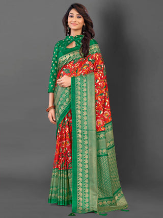 NOZ2TOZ Women's Cotton Blend Red Printed Designer Saree With Blouse Piece - Distacart