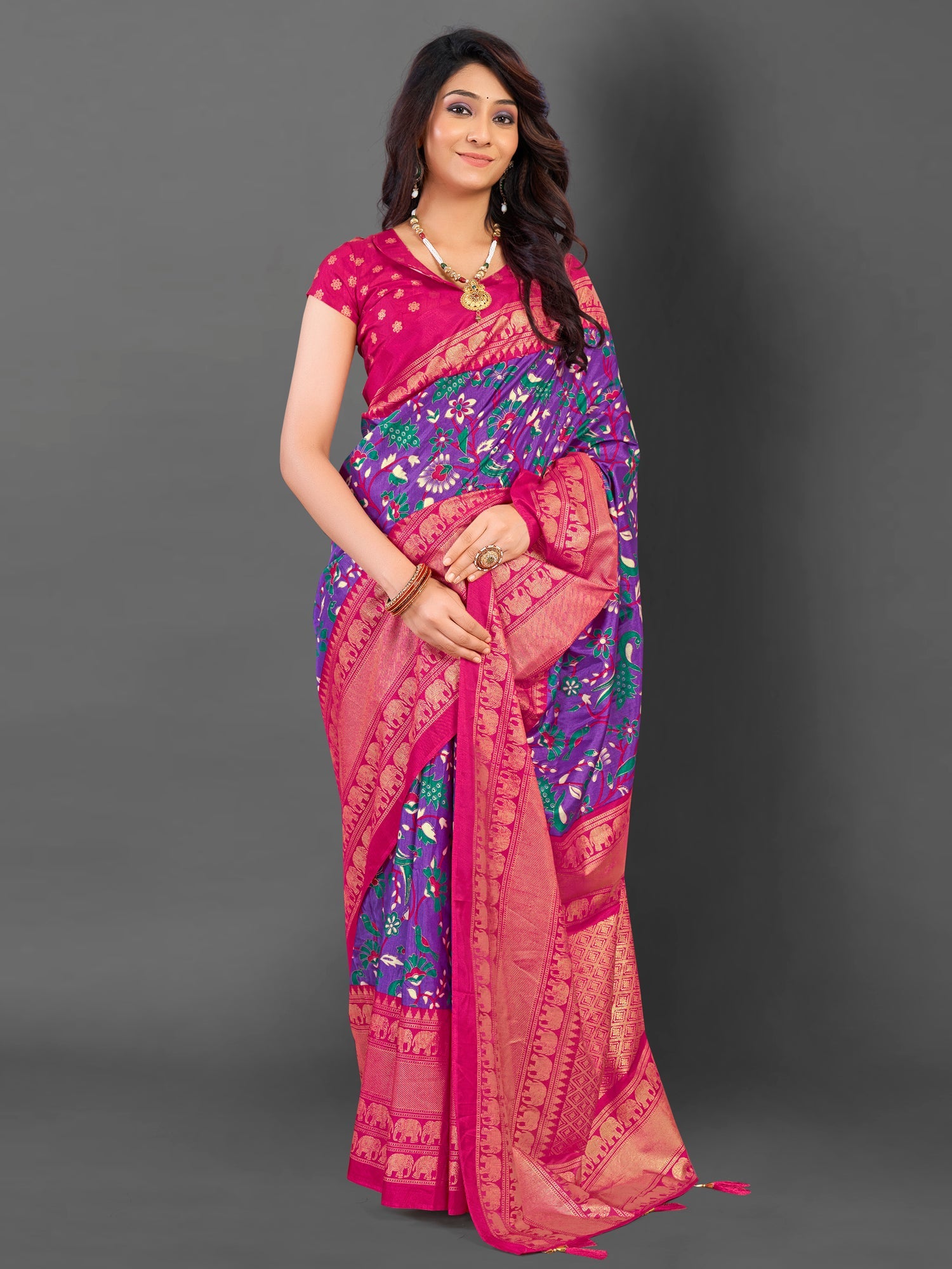 NOZ2TOZ Women's Cotton Blend Purple Printed Designer Saree With Blouse Piece - Distacart