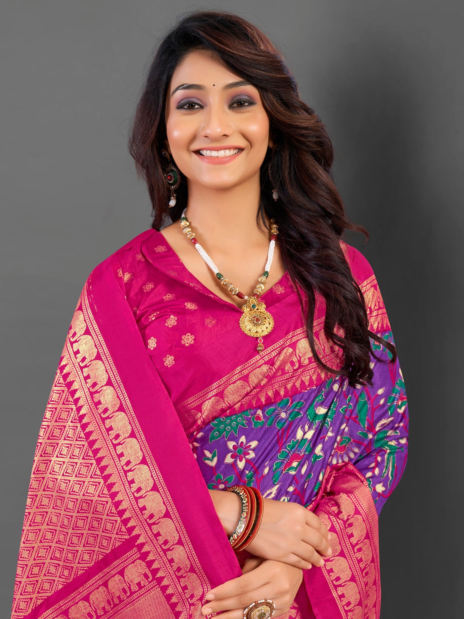 NOZ2TOZ Women's Cotton Blend Purple Printed Designer Saree With Blouse Piece - Distacart