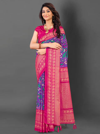 NOZ2TOZ Women's Cotton Blend Purple Printed Designer Saree With Blouse Piece - Distacart