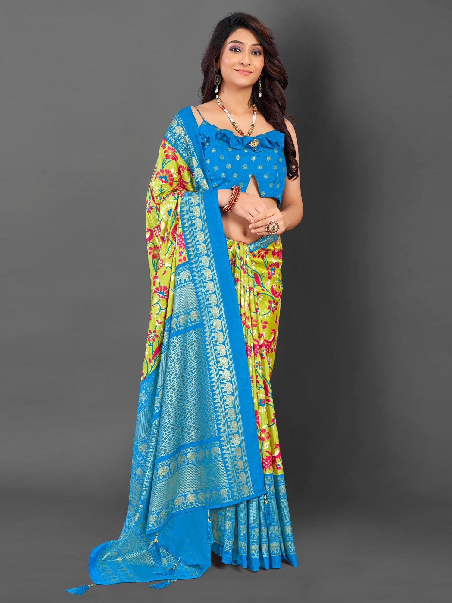 NOZ2TOZ Women's Cotton Blend Light Green Printed Designer Saree With Blouse Piece - Distacart