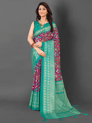 NOZ2TOZ Women's Cotton Blend Magenta Printed Designer Saree With Blouse Piece - Distacart