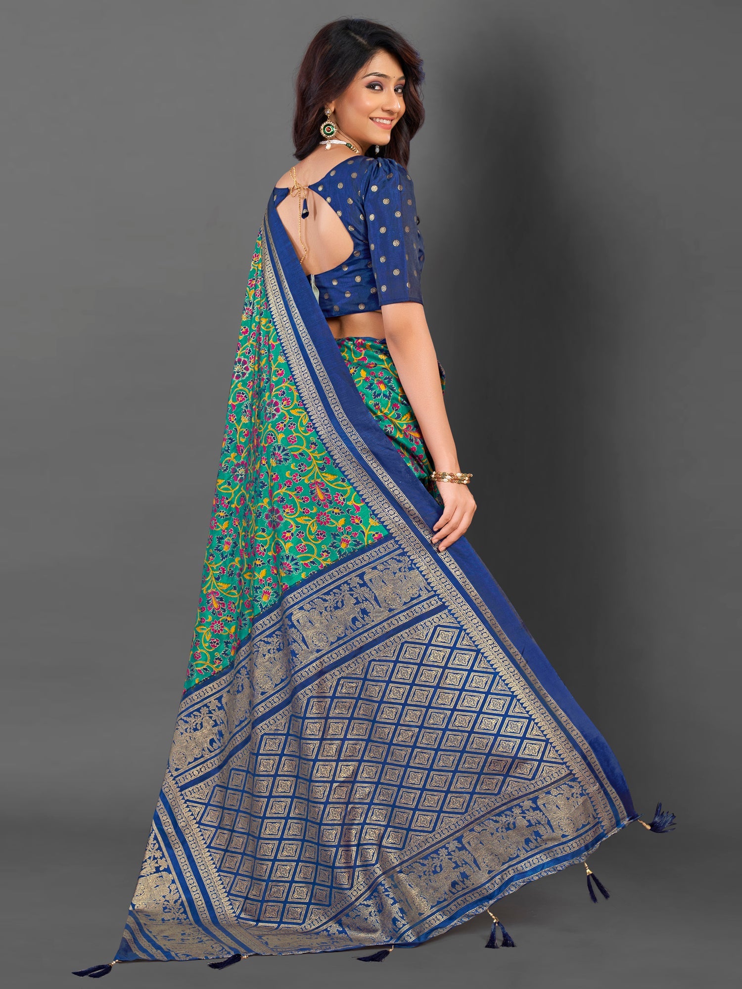NOZ2TOZ Women's Cotton Blend Teal blue Printed Designer Saree With Blouse Piece - Distacart