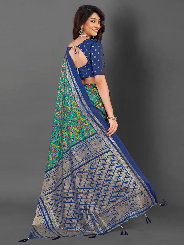 NOZ2TOZ Women's Cotton Blend Teal blue Printed Designer Saree With Blouse Piece - Distacart
