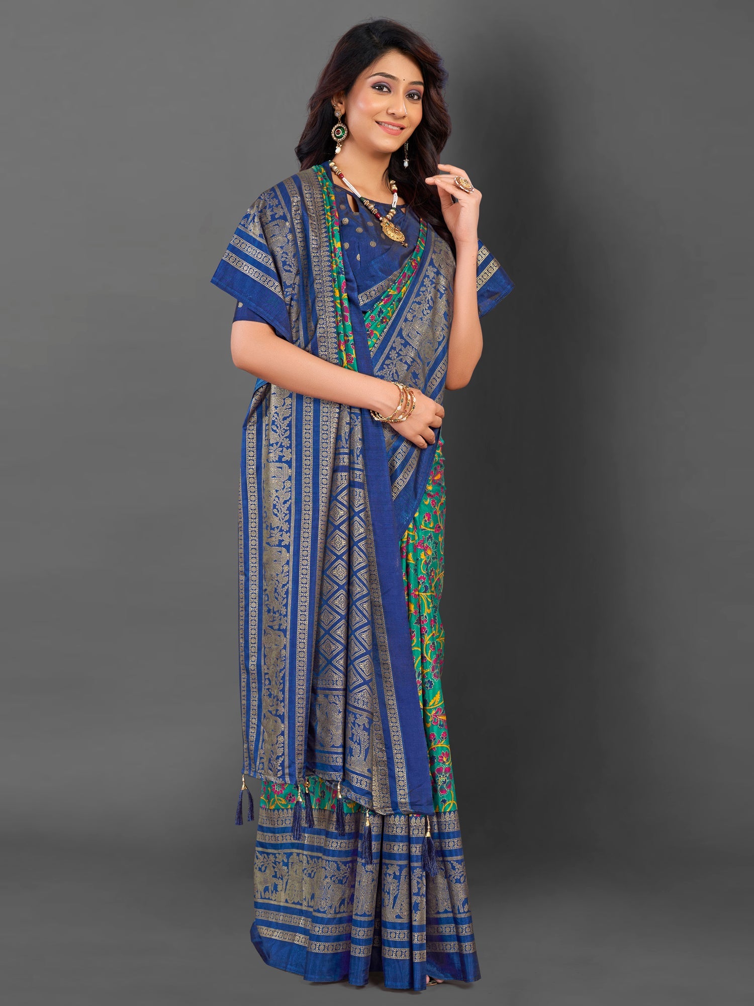 NOZ2TOZ Women's Cotton Blend Teal blue Printed Designer Saree With Blouse Piece - Distacart