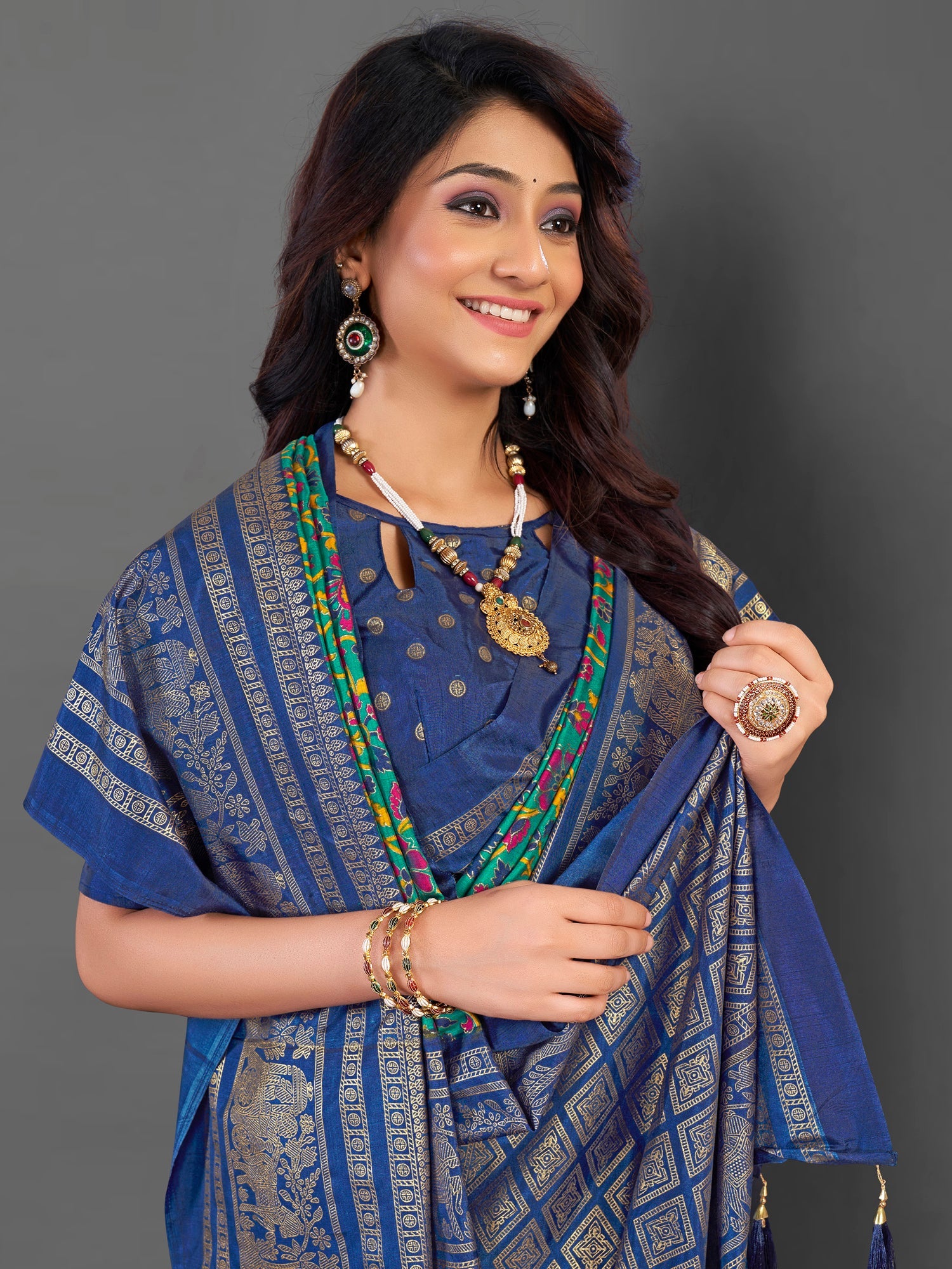 NOZ2TOZ Women's Cotton Blend Teal blue Printed Designer Saree With Blouse Piece - Distacart