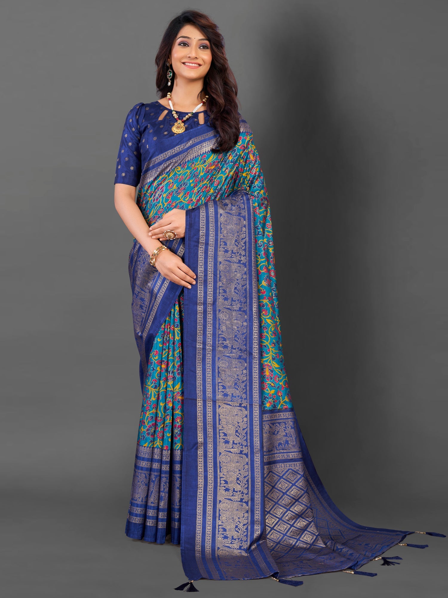 NOZ2TOZ Women's Cotton Blend Teal blue Printed Designer Saree With Blouse Piece - Distacart