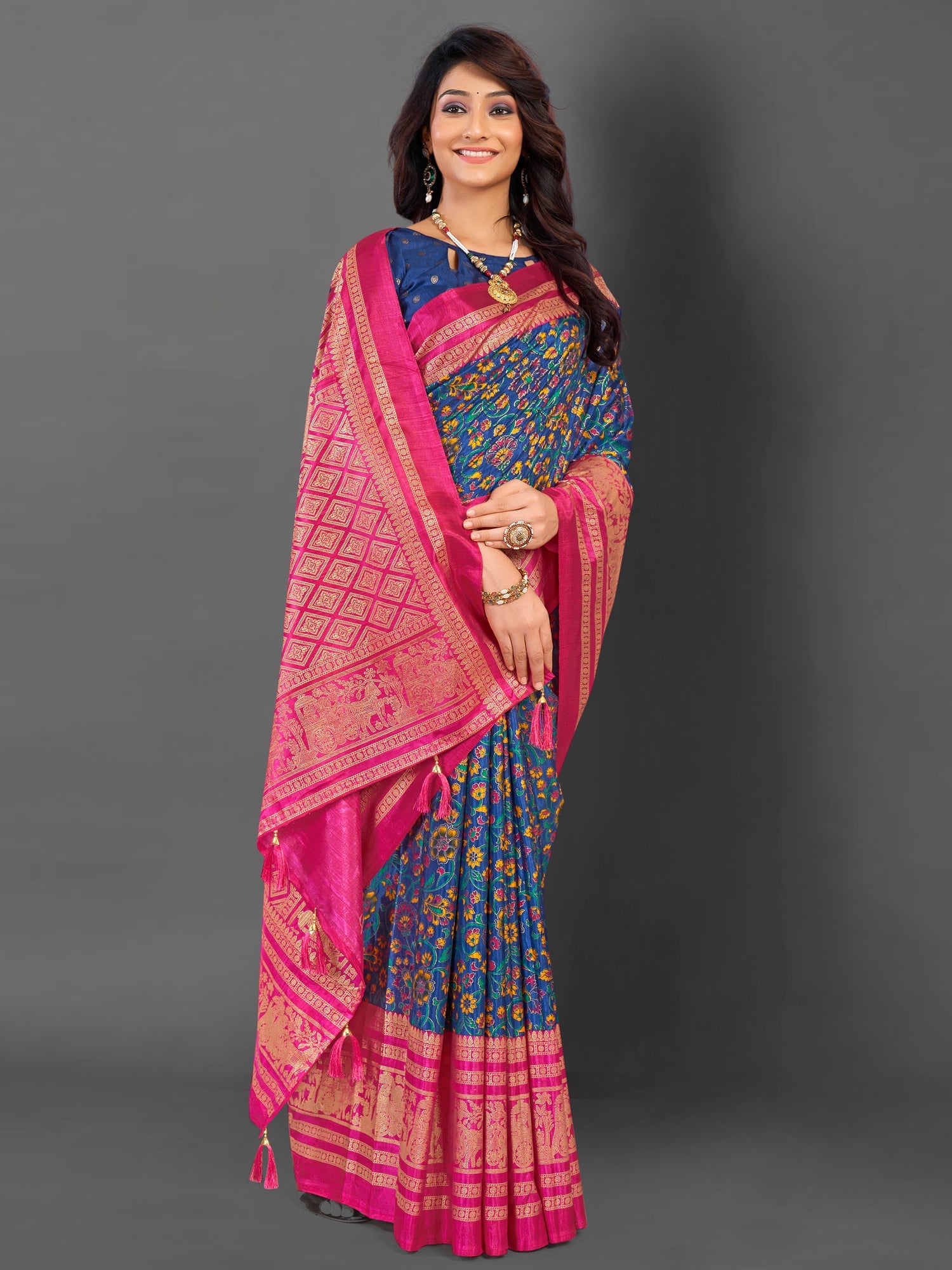 NOZ2TOZ Women's Cotton Blend Navy Blue Printed Designer Saree With Blouse Piece - Distacart