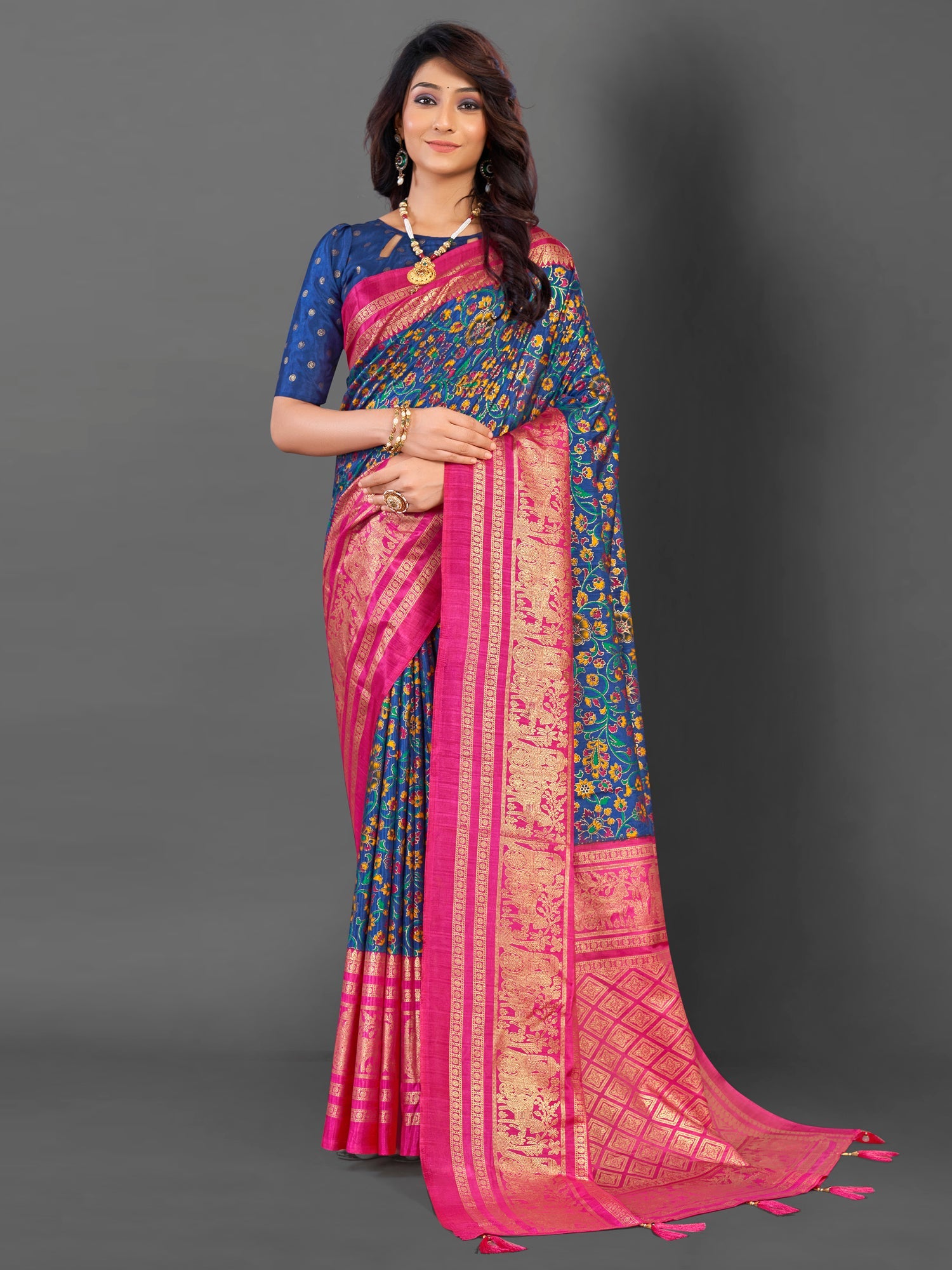 NOZ2TOZ Women's Cotton Blend Navy Blue Printed Designer Saree With Blouse Piece - Distacart