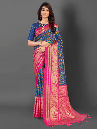 NOZ2TOZ Women's Cotton Blend Navy Blue Printed Designer Saree With Blouse Piece - Distacart