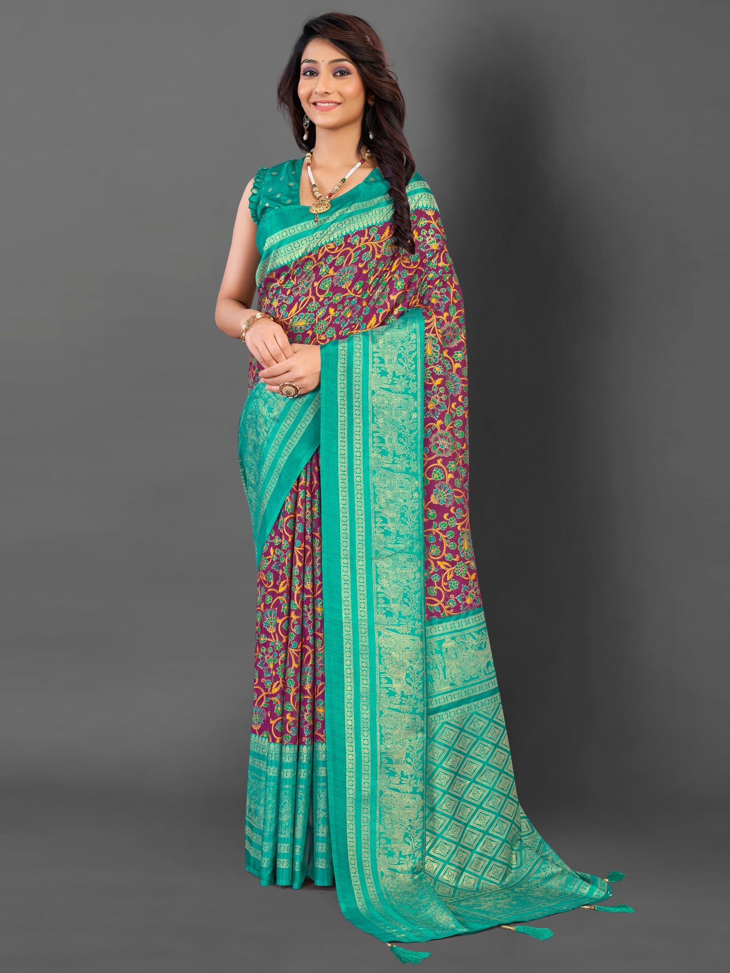 NOZ2TOZ Women's Cotton Blend Magenta Printed Designer Saree With Blouse Piece - Distacart