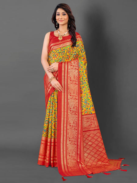 NOZ2TOZ Women's Cotton Blend Yellow Printed Designer Saree With Blouse Piece - Distacart